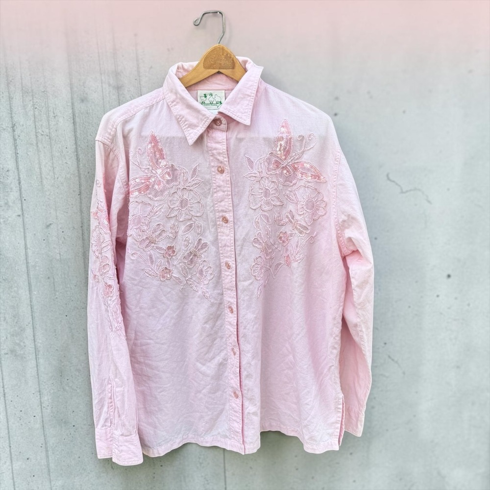 Quacker Factory Pink Embroidered Butterfly Sequin Button Down Shirt 1X A-37111
